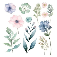 Wall Mural - Watercolor floral illustration bouquet set collection, wedding stationary, flower background