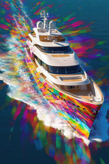 Un superyacht de luxe, dans le style des éclaboussures de couleurs, peintre d'art op, abstractions aériennes, dmitry spiros, ultraviolet