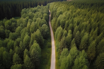 Curvy road street in the middle of the forest, drone shot aerial view, no traffic