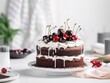 Black forest cake, dark chocolate and cherry dessert. Generative AI