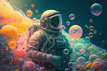 Beautiful painting of an astronaut in in a colorful bubbles galaxy on a different planet pastle colors. Generative Ai