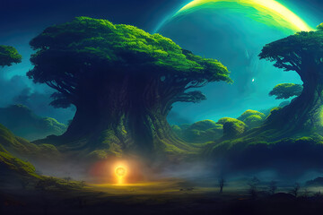 Wall Mural - landscape of an alien planet, a dark and gloomy vision of another planet background. generative ai.
