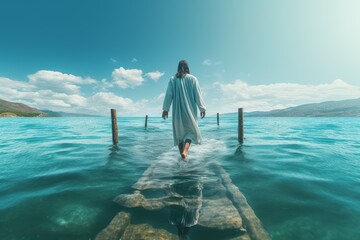 Jesus christ walking water heaven. Generate Ai