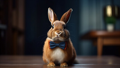 Sticker - Fluffy rabbit sitting, looking at camera indoors generated by AI