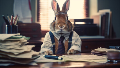 Poster - Caucasian businessman works at desk with pet rabbit generated by AI