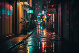 Fototapeta Uliczki - Wet City Asian Streets. Generative AI.
A digital painting of a rainy narrow street in an Asian city or neighborhood.