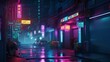 © Sawitree88 - neon signs on the streets of cyberpunk.  AI generation