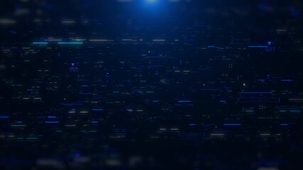 Poster - Abstract digital geometric shape particles flickering fly through the future concept background. Blue technology futuristic data connection analysis de-focus, blur structure 4K motion.