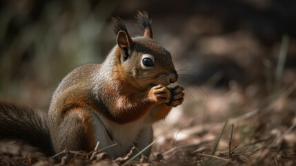 Wall Mural - Close-up of an adorable squirrel eating a nut. Generative AI illustration.