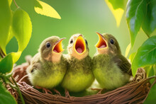 Baby Birds With Wide Open Mouth In The Nest Close-up. Sunny Day, Defocused Background. Generative AI
