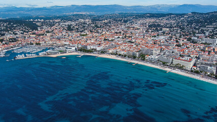 Aerial panorama of Cannes, Cote d'Azur, France, South Europe. A resort town on the French Riviera is famed for its international film festival. Its Boulevard de la Croisette, coast with sandy beaches