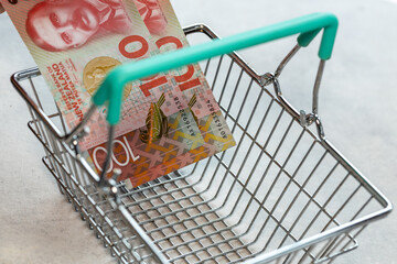 Wall Mural - Concept, new zealand inflation, rising prices in stores, empty shopping cart and new zealand money 100 dollars