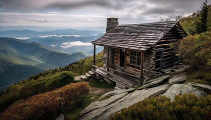 Poster - Rustic log cabin nestled in snow covered mountains generated by AI