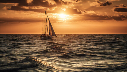 Poster - Sailing yacht glides on tranquil sunset sea generated by AI