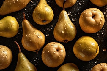 Fresh pear seamless background, adorned with glistening droplets of water. AI generated
