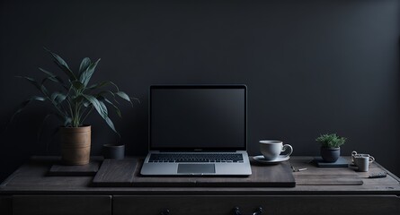 Laptop with dark display, template for banner, advertisement, website, announcement. On a wooden table with flowers and a cup of coffee