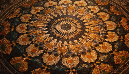 Wall Mural - Symmetrical ancient rug design on textured yellow wall generated by AI