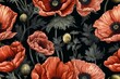 poppy flower seamless pattern on black background, botanical illustration style. generative AI