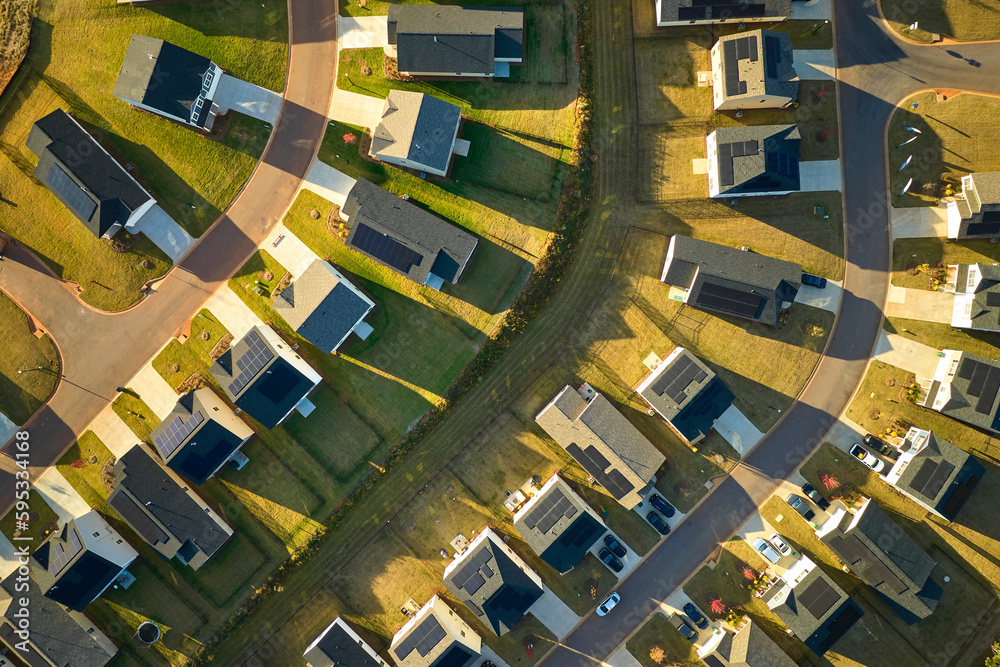 Aerial view of tightly packed homes in South Carolina residential area ...