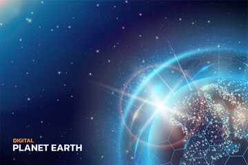 Poster - Earth planet. Digital world. Global space technology connect with globe map. Internet connection. Future network international communication. Cosmic banner. Vector 3D background design