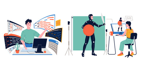Leinwandbilder - Game development. Specialists create gaming web characters. Programmers coding software. Computer technology. Professional digital designers workplace. Teamwork project. Vector concept