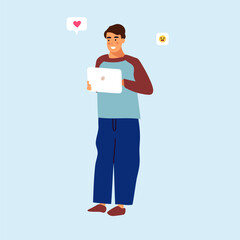 Poster - People using phone. Male character with smartphone. Web messenger. Network conversation. Guy holding mobile device. Internet communication. Smiley and hand icons. Vector man chatting online
