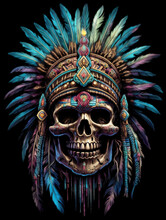 Native American Indian Warrior Skull With Headdress