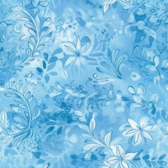  Light blue floral watercolor seamless pattern. Generative AI background