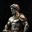 Une sculpture en marbre, statue d'une personne stoïcienne grecque ou romaine, représentant le stoïcisme. Avec des lignes dorées et noires, kintsugi.