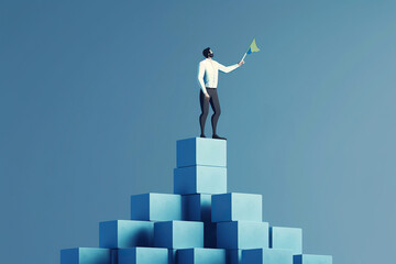 Ai generated illustration of  businessman Achievement or business success, reaching goal or target, with winning flag.