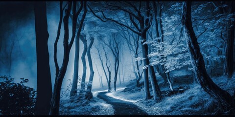 Wall Mural - Blue monochrome color haunted path in dark forest. superlative generative AI image.