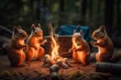Group of friendly squirrels roasting marshmallows in front of a campfire during a camping period