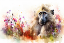 Watercolor Painting Of A Friendly Baboon In A Colorful Flower Field. Ideal For Art Print, Greeting Card, Springtime Concepts Etc. Made With Generative AI.