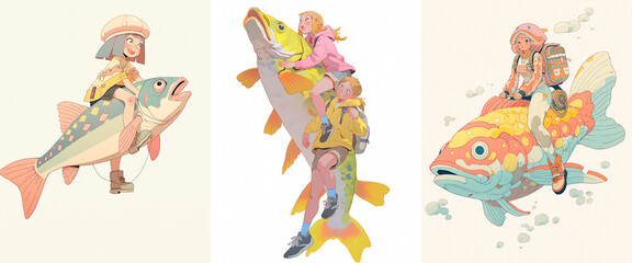 Various illustrations of cartoon girls with fish. Character design on white background, collection.