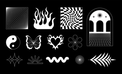 Leinwandbilder - Vector retro futuristic neo grunge elements for print and graphic designs, abstract shapes y2k, figures, wireframe, flames, tattoo gothic style, stickers, stars, hearts and logo templates