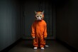 The cat is a prisoner. The cat is dressed in an orange jumpsuit