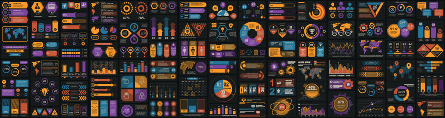 Poster - Mega set of infographic elements data visualization vector design template. Can be used for steps, options, business process, workflow, diagram, flowchart, timeline, marketing. Bundle info graphics.