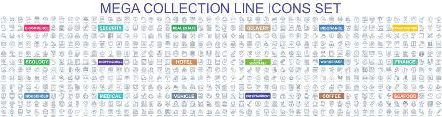 Aufkleber - Mega set of vector simple line icons. Contains such Icons as E-commerce, Shopping, Real Estate, Insurance, Security, Finance, Delivery, Ecology and more. Bundle icon. Outline pictogram pack.