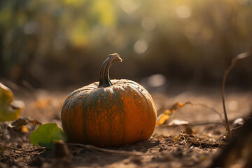 A vibrant orange pumpkin ripen in the autumn sun ready to be harvested and enjoyed as healthy, natural food in a season of holidays and celebration. In a field of fresh soil. Ideal soup. Generative AI