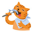 Cute red cat eats a fish on a fork with appetite
