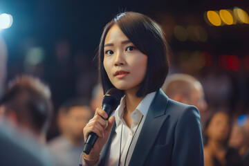 Girl of Asian appearance with a microphone in her hands speaks at conference event conversation in hall with a crowd of people, listeners, spectators. Generative AI.