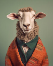 Sheep In Clothes, In Suit, Fashion And Stylish Retro Style Portrait Generative Ai
