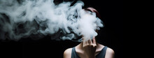 Cloudy Smoke Covering Face Of Woman. Concept Of Heavy Smoking Or Vaping.