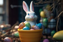 A Three-dimensional Bunny Holding A Bucket Of Easter Eggs. Generative AI