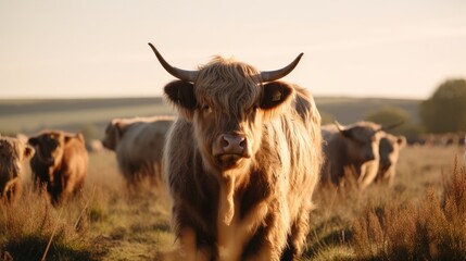 Wall Mural - Fluffy cow in beautiful sunny plains field generative ai