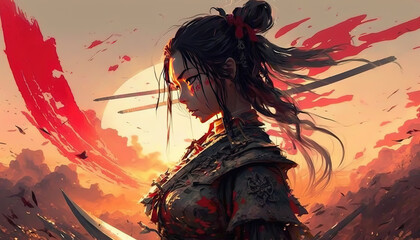 a brave and strong looking female samurai, fighting girl in medieval, concept art style, generative ai technology