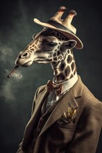 Portrait Of A Giraffe Gentleman Smoking , Generated With AI Technology