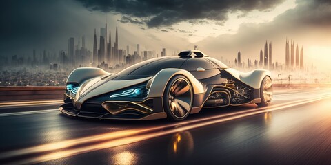 Poster - Futuristic electric car, super car driving on city highway road with motion blur. distinct generative AI image.