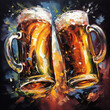 Two beers cheering against black background in a slightly surreal waterpaint style. AI Generated.