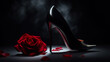 Black tango shoes, high heel stilettos on a black background decorated with rose flowers. AI generative.